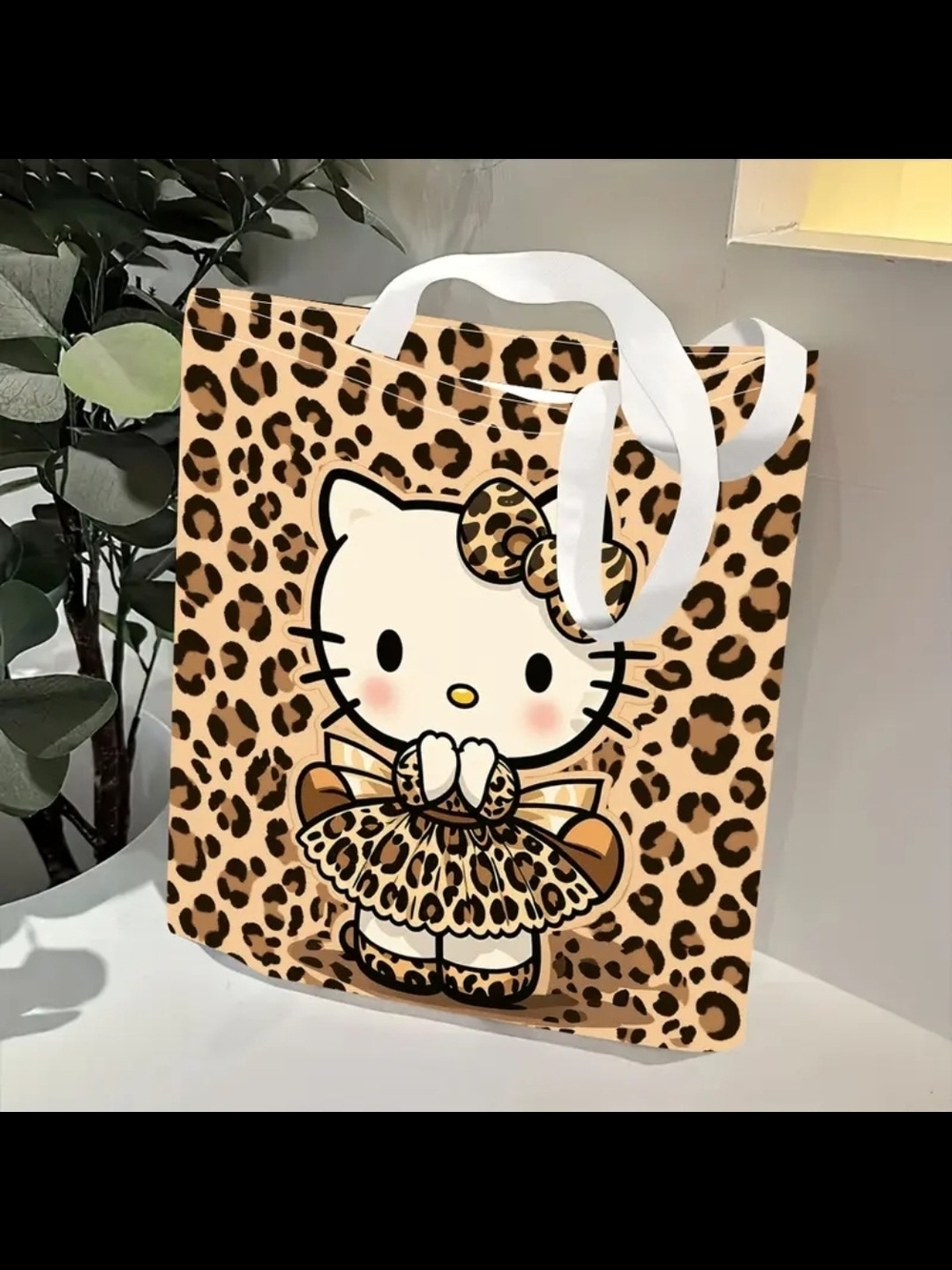 Leopard Print Cat Tote Bag in Beige and Black
